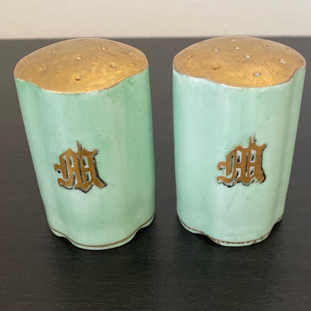 Vintage 1915 Green and Gold Salt and Pepper Shakers Germany